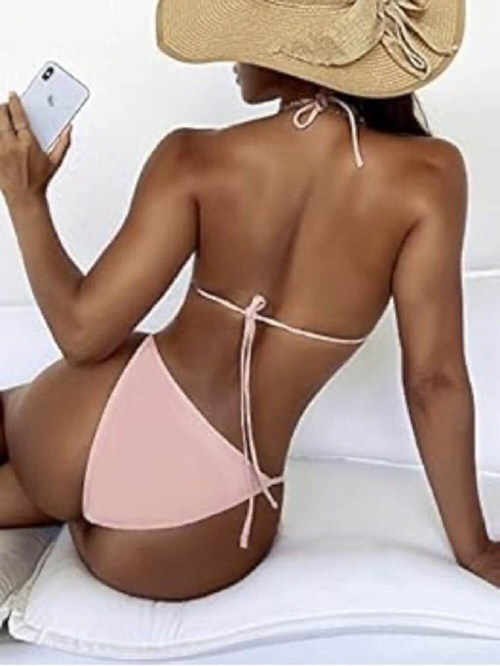 ZAFUL | L | Crochet Panel Rhinestone String Bikini Pink Beige White Bottoms - Picture 2 of 15